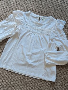 White Eyelet Ruffle Long Sleeve Tee Ruffle Sleeves J Crew L Babydoll